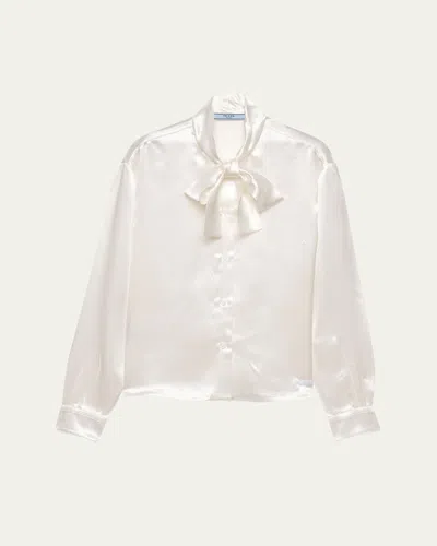Prada Satin Bow-neck Button-down Blouse In Bianco