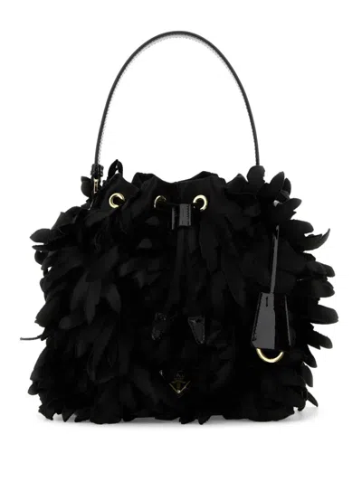 Prada Embellished Satin Mini Bucket Handbag With Golden Metal In Black