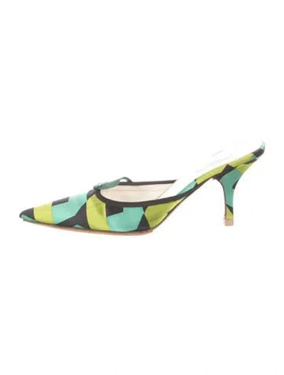 Pre-owned Prada Satin Colorblock Pattern Mules In Blue