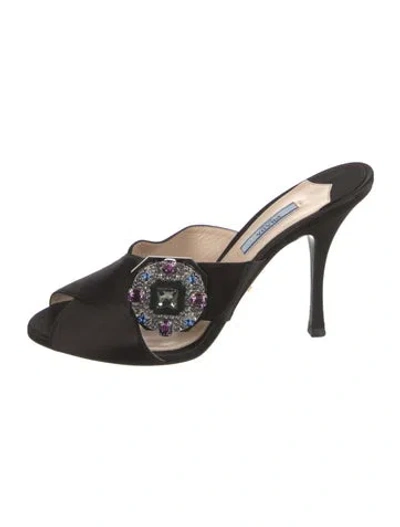 Pre-owned Prada Satin Crystal Embellishments Mules In Black