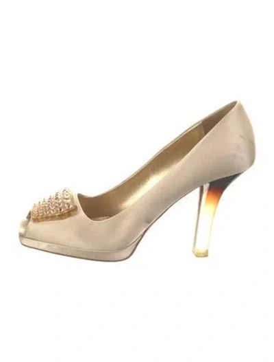 Pre-owned Prada Satin Crystal Embellishments Pumps In Neutral