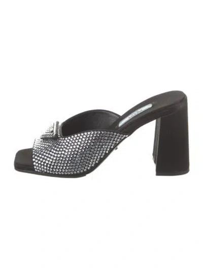 Pre-owned Prada Satin Crystal Embellishments Slides In Black