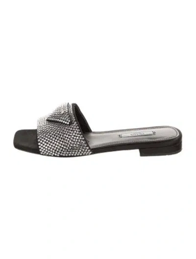 Pre-owned Prada Satin Crystal Embellishments Slides In Black