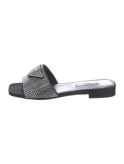 Pre-owned Prada Satin Crystal Embellishments Slides In Black