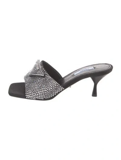 Pre-owned Prada Satin Crystal Embellishments Slides In Black
