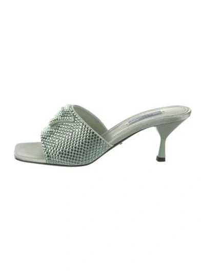 Pre-owned Prada Satin Crystal Embellishments Slides In Green