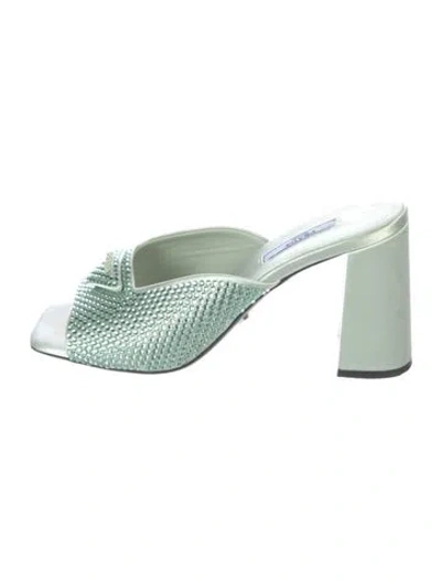 Pre-owned Prada Satin Crystal Embellishments Slides In Green
