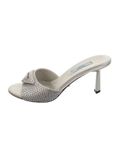 Pre-owned Prada Satin Crystal Embellishments Slides In Silver