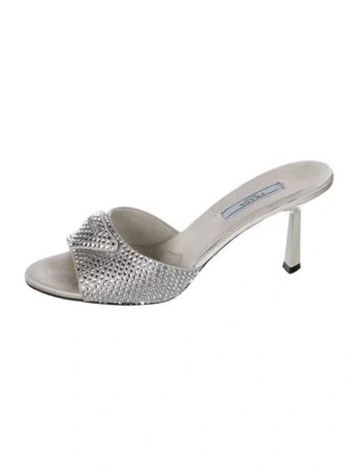 Pre-owned Prada Satin Crystal Embellishments Slides In Silver