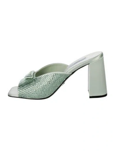 Pre-owned Prada Satin Crystal Embellishments Slides W/ Tags In Green