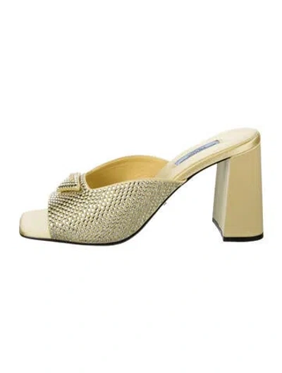Pre-owned Prada Satin Crystal Embellishments Slides W/ Tags In Yellow
