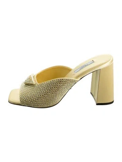 Pre-owned Prada Satin Crystal Embellishments Slides In Yellow
