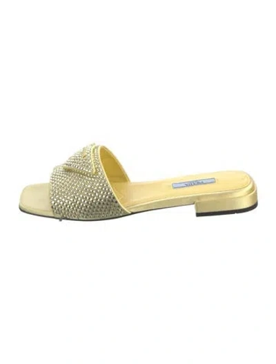 Pre-owned Prada Satin Crystal Embellishments Slides In Yellow