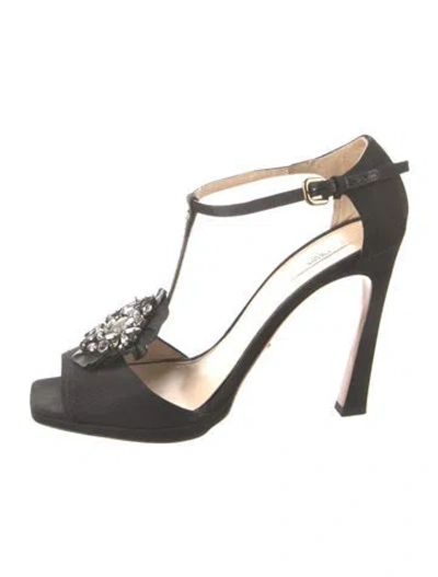 Pre-owned Prada Satin Crystal Embellishments T-strap Sandals In Black