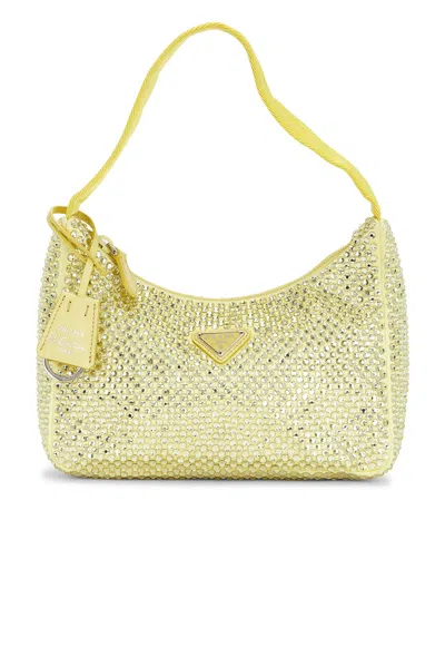 Pre-owned Prada Satin Crystal Mini Re-edition 2000 Shoulder Bag In Yellow