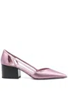Prada Satin Finish Low Block Heel Pumps In White
