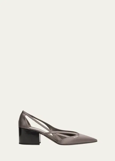 Prada Satin Cutout Block-heel Pumps In Grey