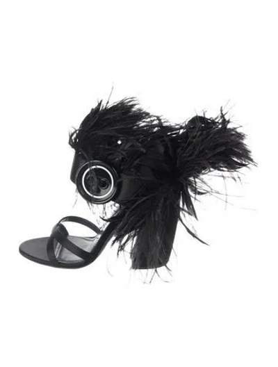Pre-owned Prada Satin Feather Trim Sandals In Black