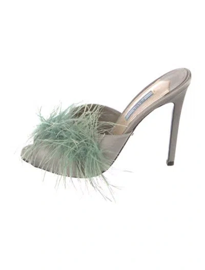 Pre-owned Prada Satin Feather Trim Slides In Multi