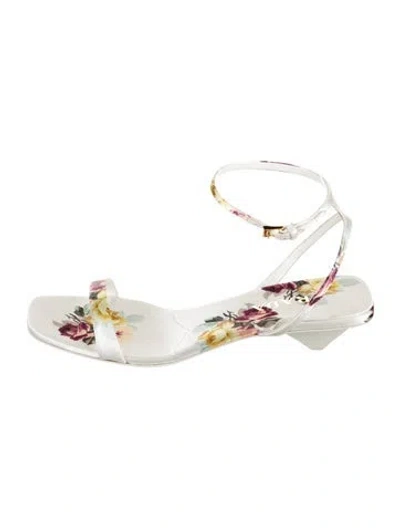 Pre-owned Prada Satin Floral Print Sandals In White