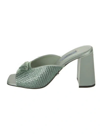 Pre-owned Prada Satin Graphic Print Slides In Green