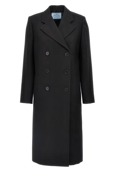 Prada Satin Insert Double-breasted Coat In Black
