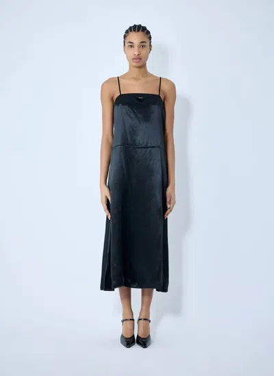Prada Satin Logo Patch Midi Dress In Black