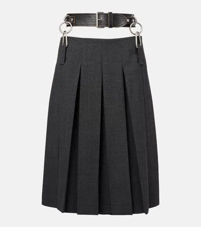 PRADA BELTED PLEATED VIRGIN WOOL MIDI SKIRT