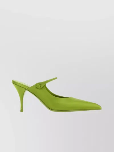 Prada Satin Mules With Kitten Heel And Pointed Toe In Green