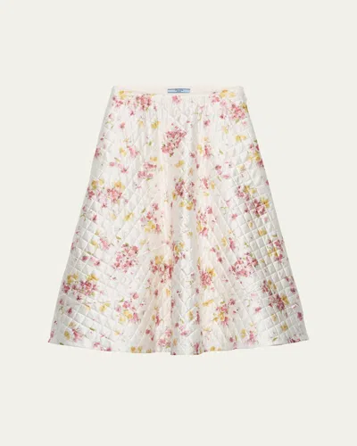 Prada Floral-print Quilted-satin Midi Skirt In White