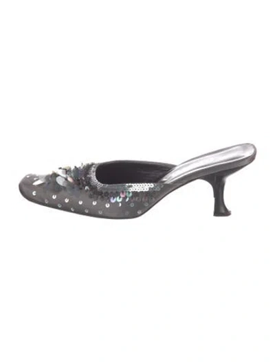 Pre-owned Prada Satin Patterned Mules In Gray