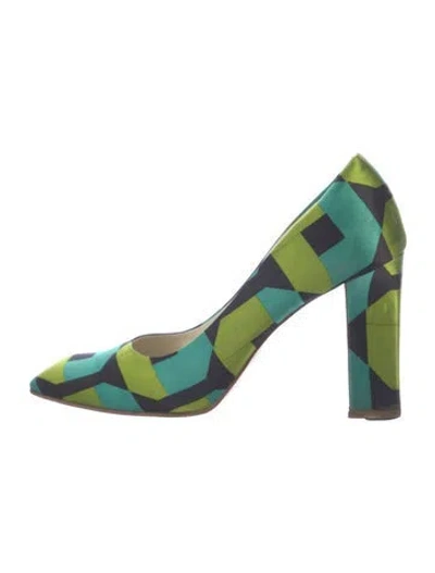 Pre-owned Prada Satin Printed D'orsay Pumps In Green