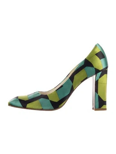 Pre-owned Prada Satin Printed Pumps In Green