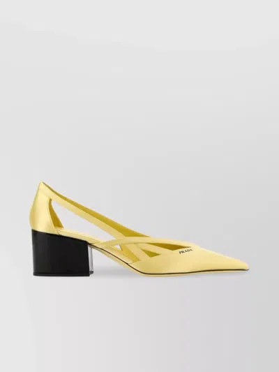 Prada Pastel Yellow Satin Pumps In Gold