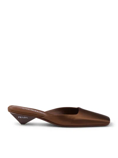 Prada Square-toe Satin Mules In Brown