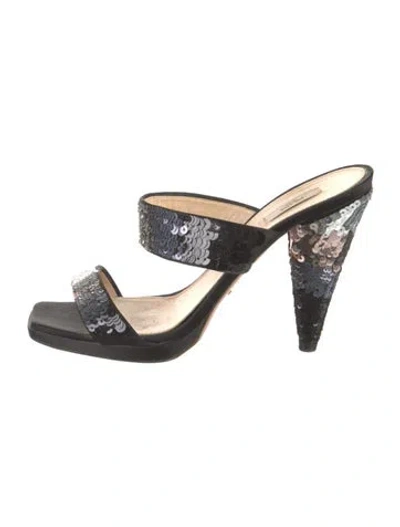 Pre-owned Prada Satin Sequin Embellishments Slides In Black