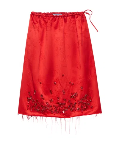 Prada Satin Skirt With Embroidery In Red