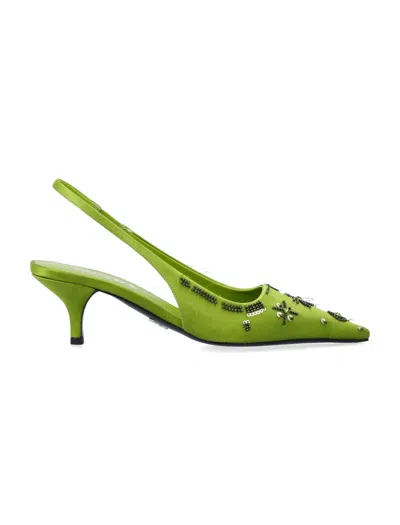 Prada Satin Slingback Pumps With Embroidered Detail And 5.5 Cm Heel In Green