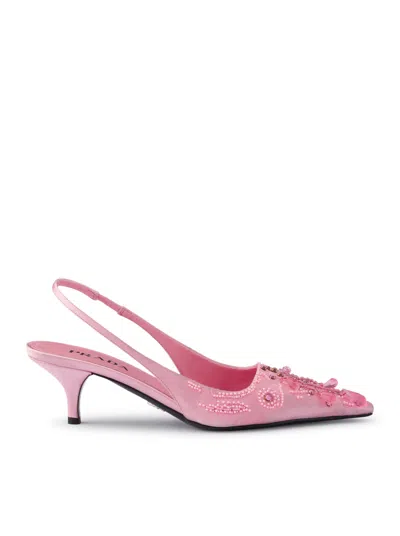 Prada Satin Slingback Pumps With Embroidery In Nude & Neutrals