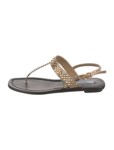 Pre-owned Prada Satin Studded Accents T-strap Sandals In Neutral