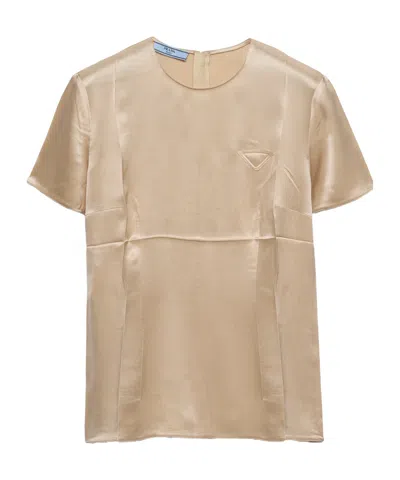 Prada Short Sleeve Satin Crepe Top In Desert Beige