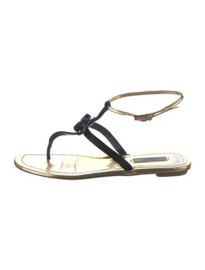 Pre-owned Prada Satin T-strap Sandals In Gold