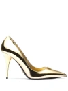 Prada 85mm Logo-plaque Leather Pumps In Gold