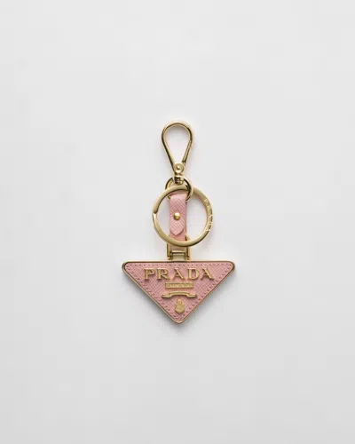 Prada Saffiano Leather And Metal Keychain In Peach