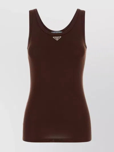 Prada Scoop Neck Sleeveless Cotton Tank Top In Brown