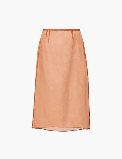PRADA WOMENS ORANGE SEMI-SHEER MID-WAIST SILK-ORGANZA MIDI SKIRT
