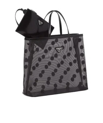 Prada Sequin-embellished Polka-dot Mesh Shopper Bag In Black