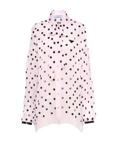 Prada Sequin-embellished Pussy-bow Chiffon Shirt In Pink