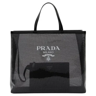 Pre-owned Prada Sequin Mesh Logo Large Tote In Black