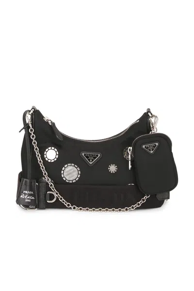 Pre-owned Prada Sequin Polka Dot Re-edition 2005 Re-nylon Shoulder Bag In Black